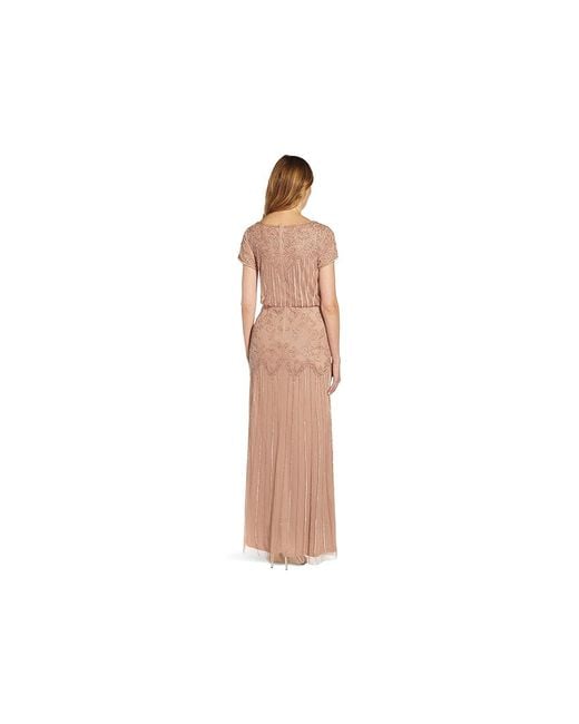 Adrianna Papell Black Boat Neck Short Sleeve Blouson Beaded Gown Dress, Polyester
