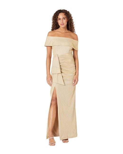 xscape off the shoulder glitter gown