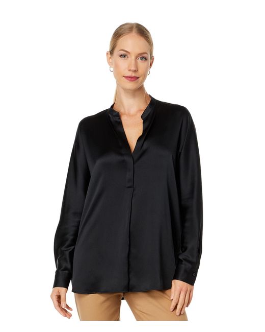 Vince Silk Band Collar Blouse in Black | Lyst