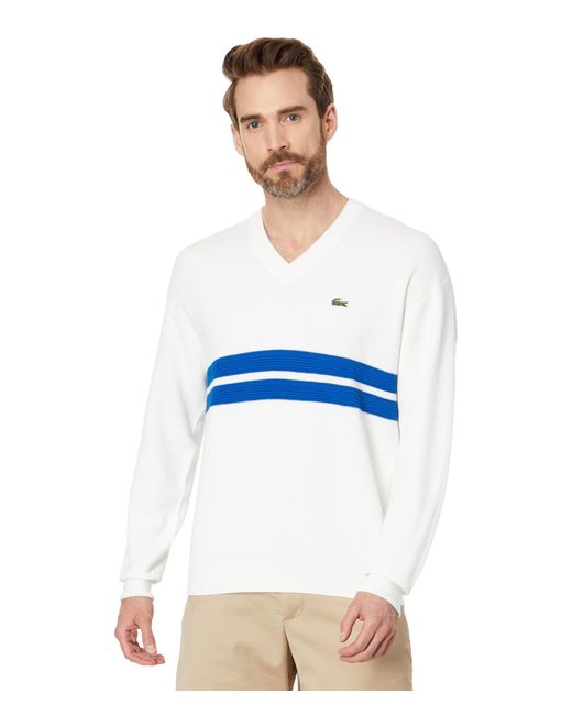 Lacoste White Long Sleeve Relaxed Fit V-neck Sweater With Stripes for men
