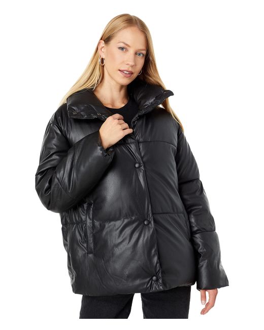 NVLT Black Oversized Faux Leather Puffer Jacket
