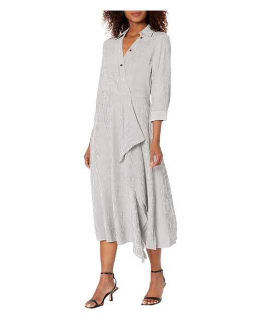 Calvin Klein Gauze Collard Dress With Draped Skirt Detail in Gray Lyst