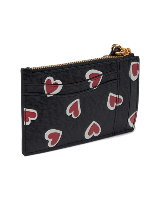 Kate Spade Black Morgan Stencil Hearts Embossed Printed Saffiano Leather Coin Card Case Wristlet