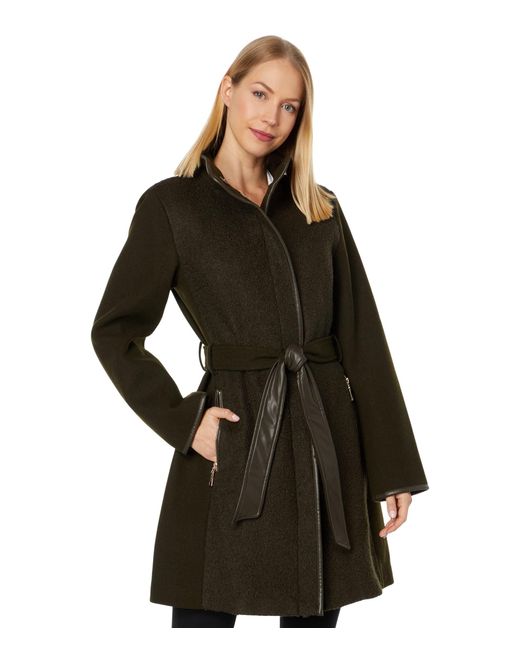 Vince Camuto Black Belted Wool Coat With High Neck And Pu Trim V29777a-me