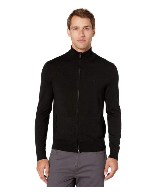 Calvin Klein Black Merino Full Zip Sweater for men