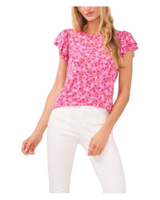 Cece Pink Printed Double Ruffle Knit Blouse