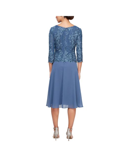 Alex Evenings Blue Tea Length Embroidered Mock Dress