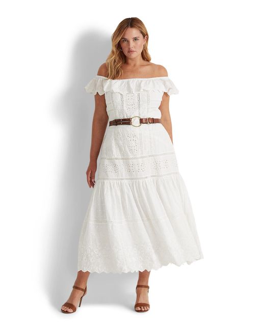 Lauren by Ralph Lauren Plus Size Eyelet Off-the-shoulder Cotton Dress in  White | Lyst