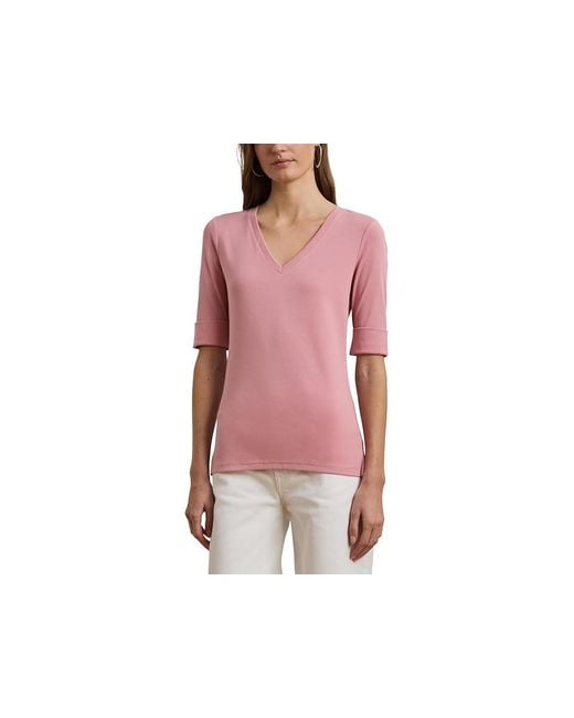 Ralph Lauren Pink Stretch Cotton Elbow-Sleeve V-Neck T-Shirts T Shirt, Cotton/Elastane