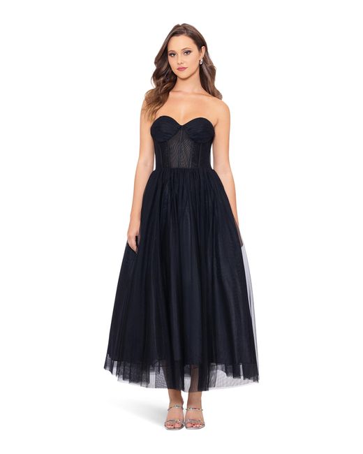 Betsy & Adam Blue Mid Length Mesh Skirt Lace Top Gown