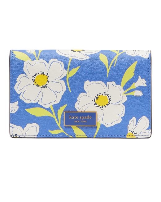 Kate Spade Blue Katy Sunshine Floral Printed Textured Leather Small Bifold Snap Wallet