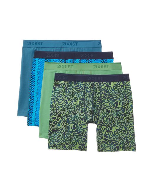 2xist 2(x)ist Essential Stretch 3+1 4-pack Boxer Brief (bluesteel/landscape Camo/stone Green/blue Chess) Underwear for men
