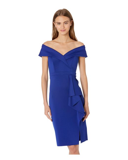 Xscape Synthetic Short Scuba Off-the-shoulder Dress With Ruffle in Blue ...