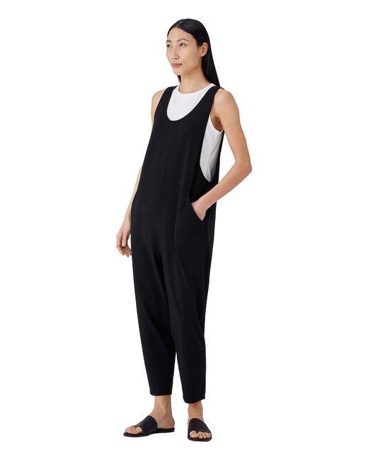 Eileen Fisher Black Scoop Neck Slouchy Cropped Jumpsuit In Organic Cotton Stretch Jersey