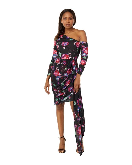 ONE33 SOCIAL Synthetic Floral One Shoulder Dress in Black (Red) | Lyst
