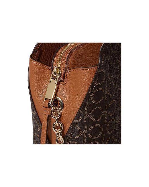 Calvin Klein Black Hailey Signature Triple Compartment Chain Crossbody Cross Body Handbags/Khaki/Caramel Linear, Synthetic