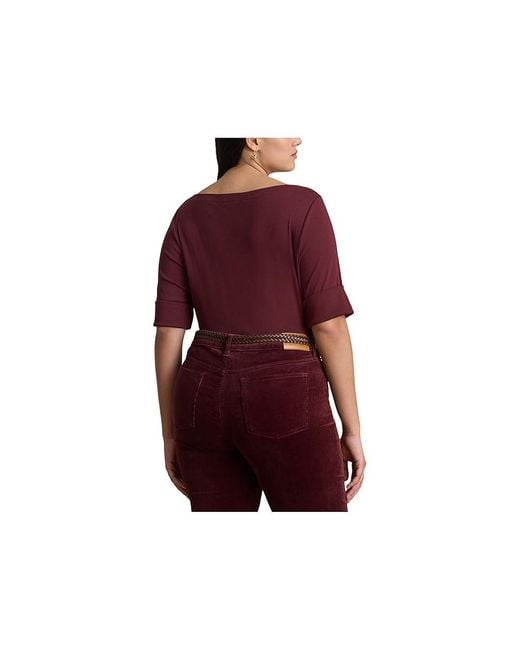 Ralph Lauren Red Plus Size Cotton Boat Neck T-Shirt T Shirt, Cotton/Cotton Blend/Jersey