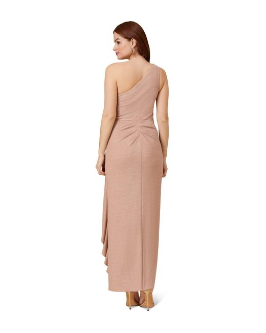 Adrianna Papell Natural Long Stretch Metallic Knit One Shoulder Cascade Side Draped Gown