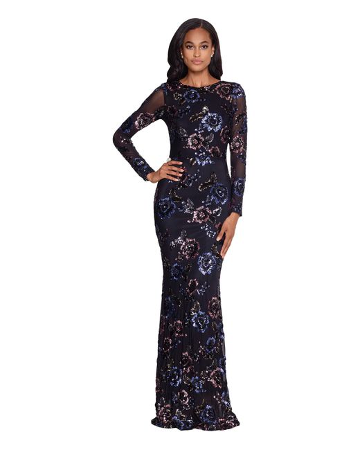 Long Sleeve Floral Sequin Gown 