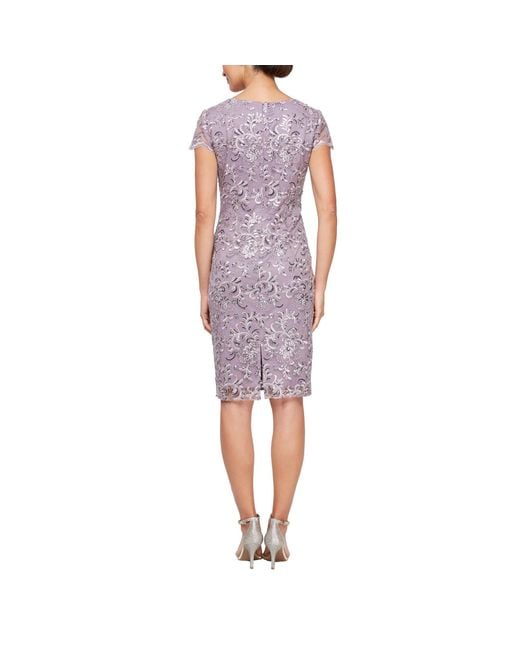 Alex Evenings Purple Embroidered Sheath Dress With Cap Sleeves And Square Neckline
