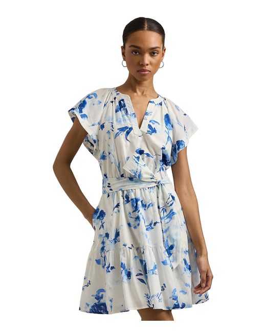 Lauren by Ralph Lauren Blue Floral Belted Cotton Voile Dress