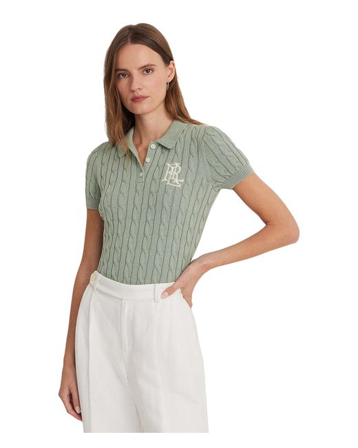Lauren by Ralph Lauren Green Cable-knit Cotton Polo Sweater