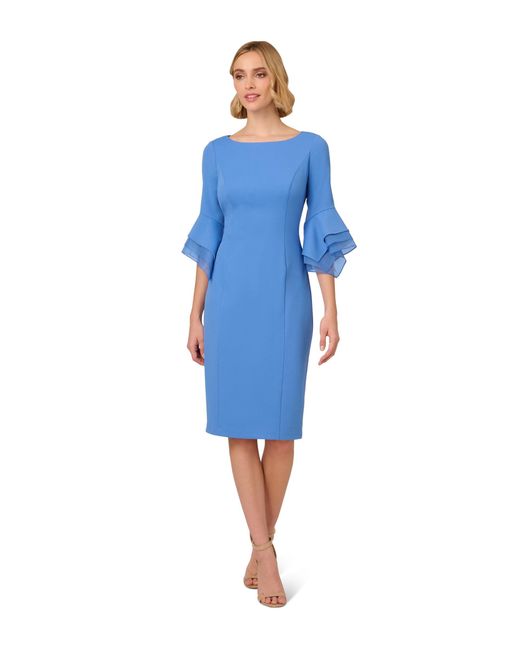 Adrianna Papell Blue Knit Crepe Tiered Sleeve Dress