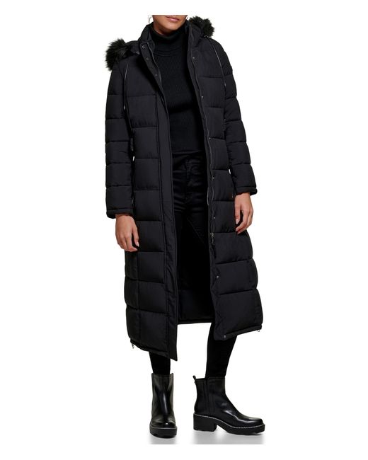 DKNY Black Faux Fur Hooded Maxi Puffer