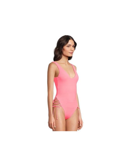 Becca Pink Modern Edge Rib Sophie Lace Up One Piece Swimsuits One Piece, Nylon/Spandex
