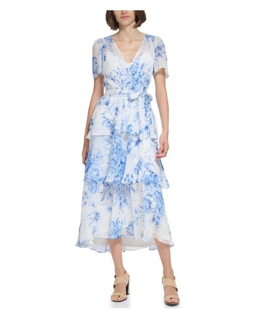 Calvin Klein Blue Midi Chiffon Dress With Pleated Skirt