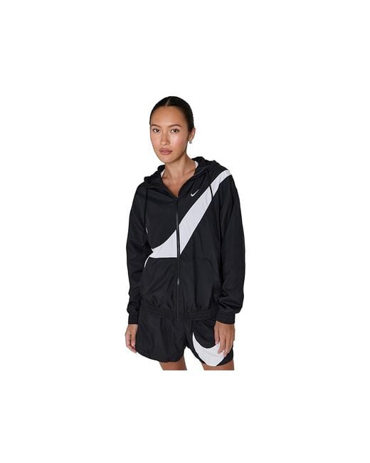 Nike Black Sportswear Classic Woven Uv Full Zip Logo Hoodie Sweatshirt/ Xs (Us 0-2) Polyester