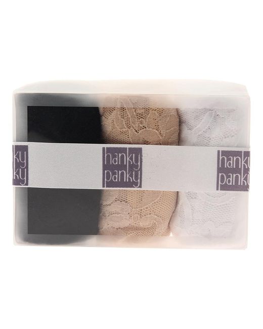 Hanky Panky Black Signature Lace Original Rise Thong 3-Pack Underwear/Chai/ Cotton/Lace/Nylon