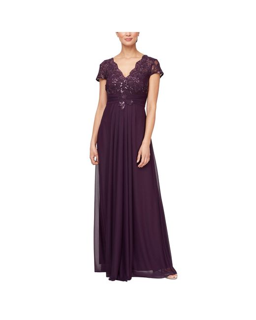 Alex Evenings Purple Long Embroidered A-line Dress