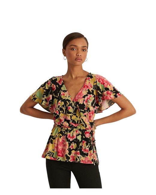 Lauren by Ralph Lauren Synthetic Floral Ruffletrim Surplice Jersey Top