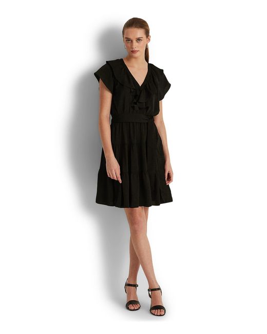 Lauren by Ralph Lauren Belted Satin Dress in Black | Lyst