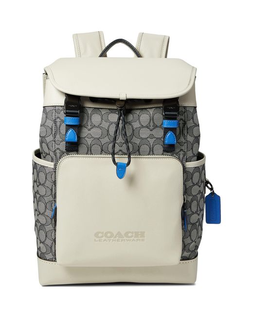 COACH Leather League Flap Backpack In Signature Jacquard in Beige