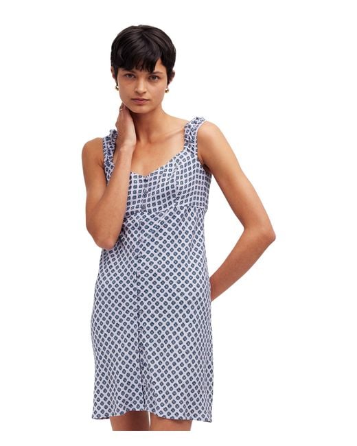 Madewell Blue Cap-sleeve Button-front Mini Dress In Geometric Print