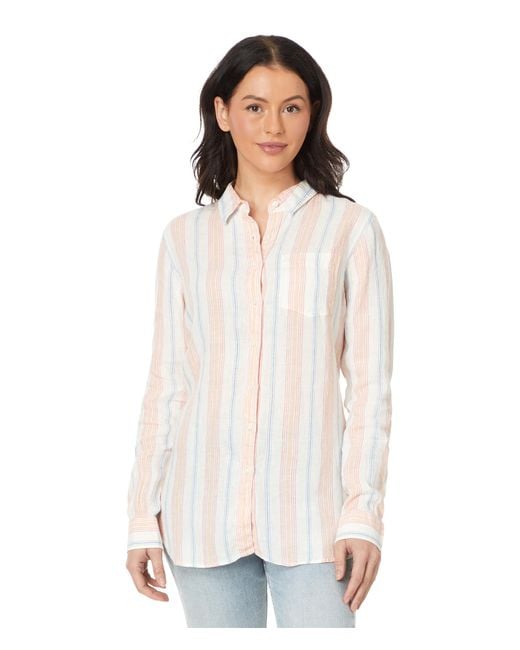 L.L. Bean White Premium Washable Linen Shirt Tunic Stripe