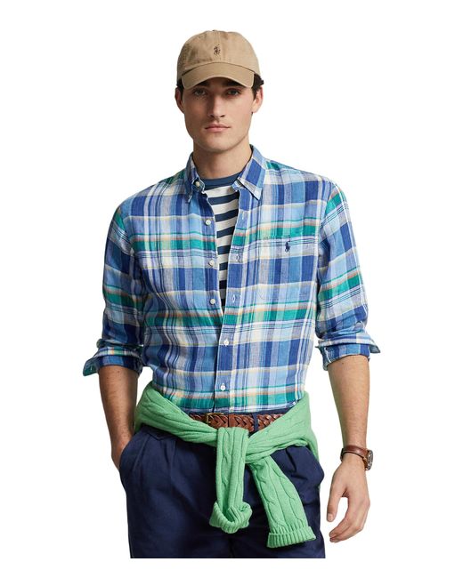 Polo Ralph Lauren Blue Classic Fit Plaid Linen Shirt for men
