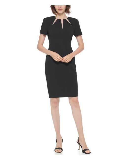 Calvin Klein Synthetic Short Sleeve Sheath Dress With Illusion Neckline in Black | Lyst