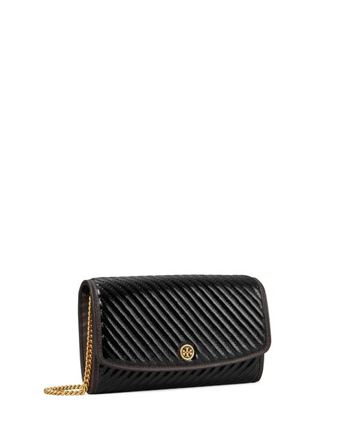 Tory Burch Black Robinson Patent Puffy Quilted Chain Wallet