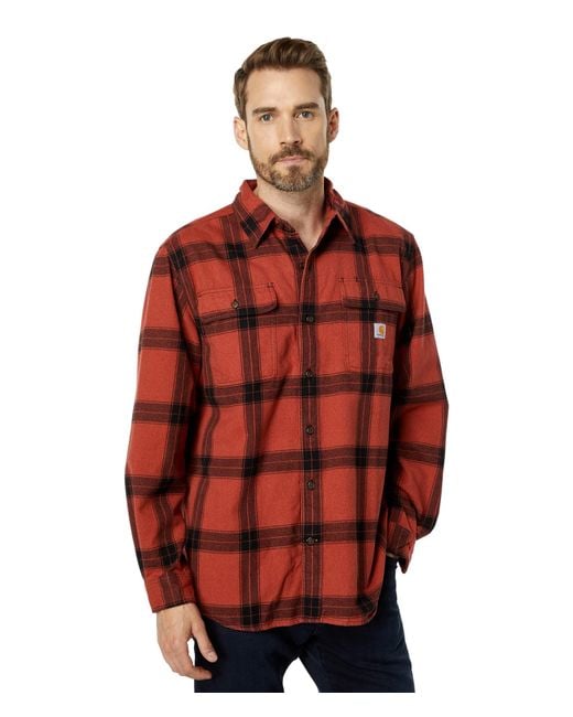 Carhartt Loose Fit Heavyweight Flannel Long Sleeve Plaid Shirt in Red ...