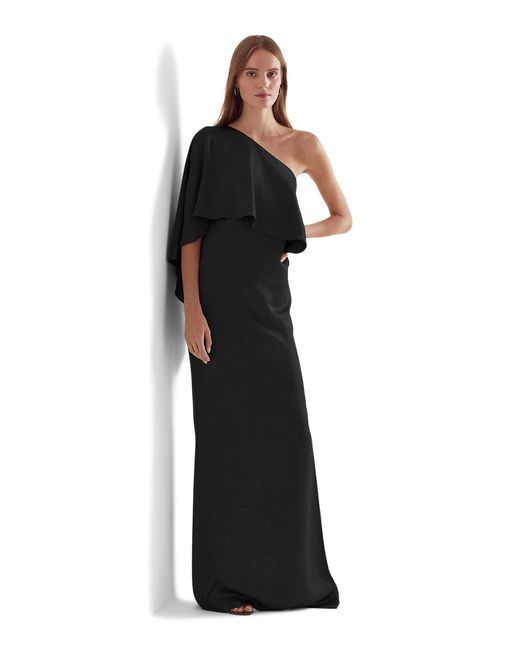 Lauren by Ralph Lauren Satin One Shoulder Cape Gown in Black | Lyst