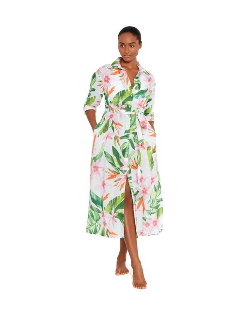 Lauren by Ralph Lauren Green Watercolor Tropical Floral Midi Shirt Dress