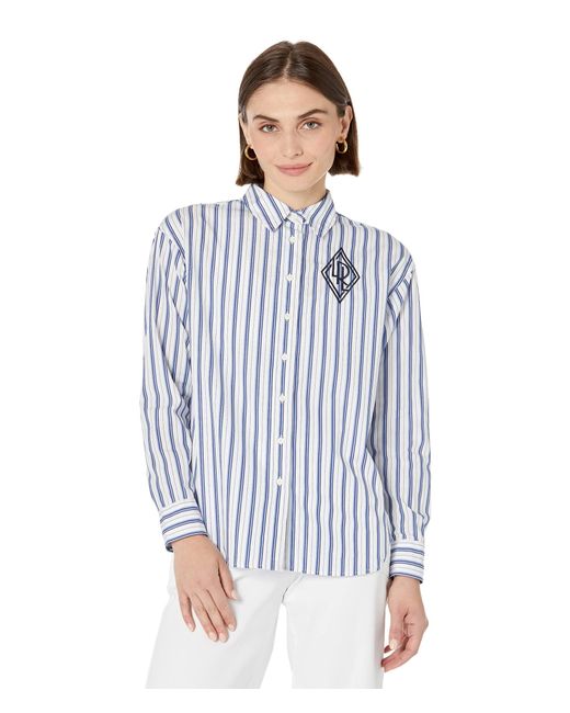 Lauren by Ralph Lauren Petite Striped Logo Cotton Broadcloth Shirt in ...
