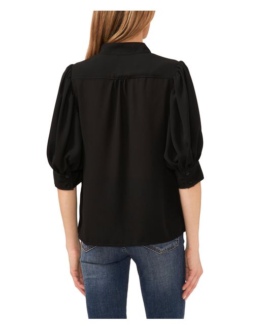 Cece Black Elbow Sleeve Open Collar Blouse