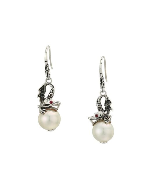 John Hardy Metallic Legends Naga Lava Dragon Drop Earrings With Fresh Water Pearl, Black Sapphire And African Ruby Eyes