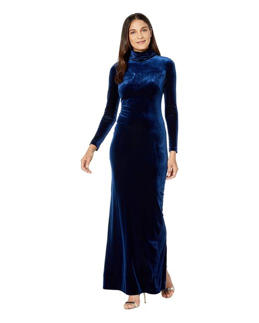 Badgley Mischka Blue High Neck Long Sleeve Velvet Slim Gown