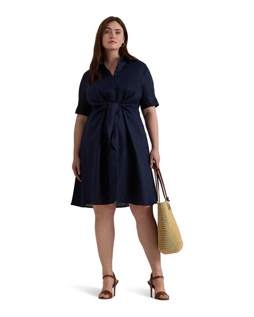 Lauren by Ralph Lauren Blue Plus-size Tie-front Linen Shirtdress