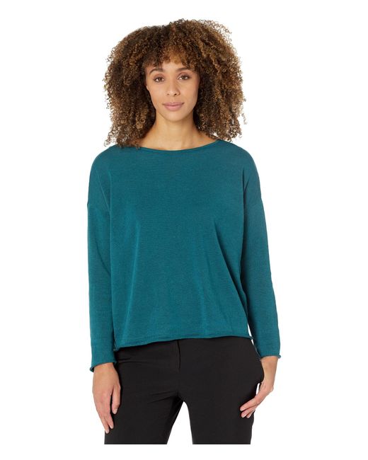 Eileen Fisher Bateau Neck Box Top In Organic Linen Cotton in Blue